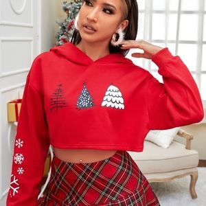 Christmas Snowflake & Tree Print Drop Shoulder Hoodie